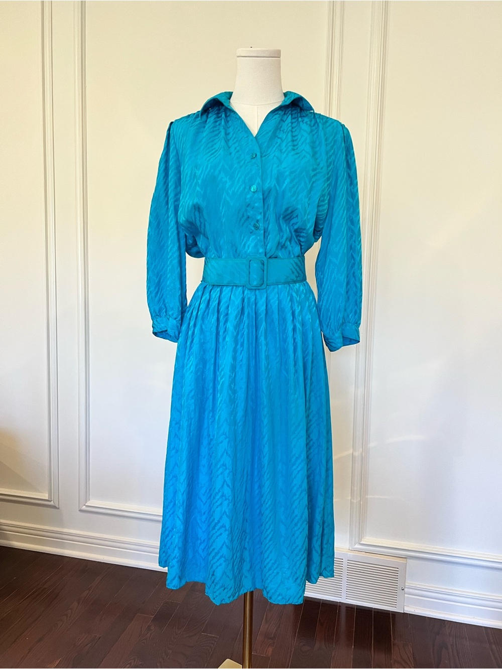 Vintage 80s‎ Teal Silk Jacquard Belted Midi Dress Long Sleeve Sz 10